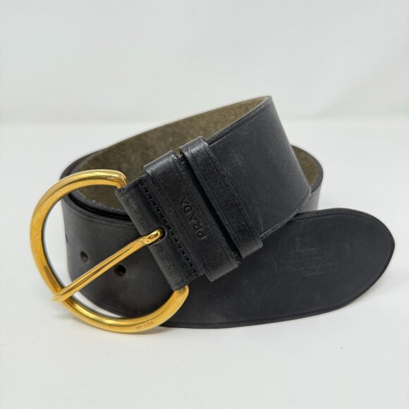 Prada Gold O Ring Black Leather Wide Waist Belt Size 36/90 Made in Italy - Picture 1 of 9